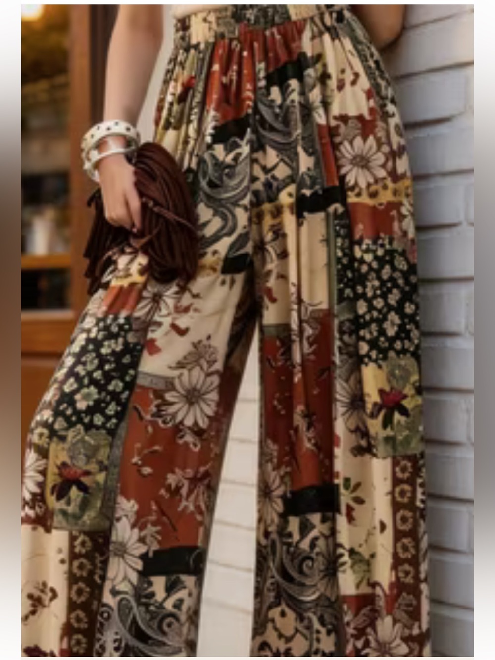 Wide Leg Floral Patchwork Pants - Red Multi